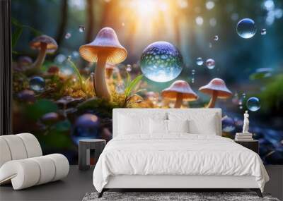 A playful brook rill stream scene with fantastic flowers and mushrooms in forest for background_ Wall mural