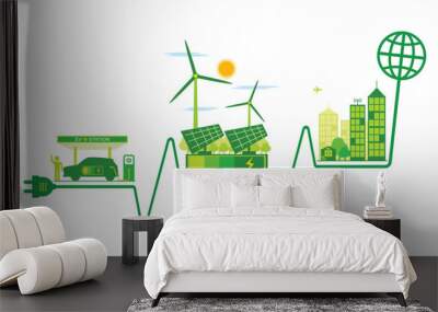 Renewable energy, Environmentally sustainability ecological, Green city and Technology, Electricity from wind power generators, Solar Panels connected to Smart Home, Electric Car and Charging station. Wall mural