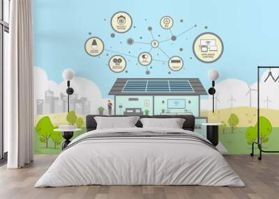 Smart home control with Electric car charging system, Environmental care and use clean green energy from renewable sources, Modern eco house low carbon concept, Green city and clean energy technology. Wall mural