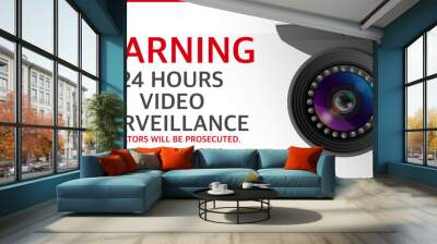 Warning 24 hours video surveillance signs or sticker, CCTV anti crime and theft, Devices technology, Mock-up front view, Personal security monitoring, Internet protocol camera inside the buildings. Wall mural