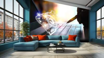 close up silhouette business hand with electronic pen pointing on futuristic technology icon Wall mural