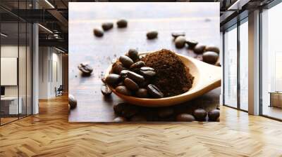 roasted coffee beans mix ground coffee on wooden spoon , roasted coffee beans on retro wood floor Wall mural