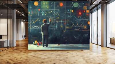 A 2D illustration of a teacher writing on a chalkboard with colorful diagrams and symbols, hyper-realistic, high quality, sharp images Wall mural