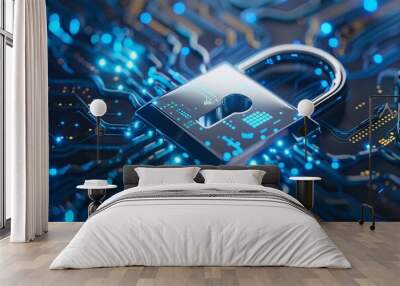 Abstract padlock icon with circuit board pattern and bright blue light symbolizing information security and technology Wall mural