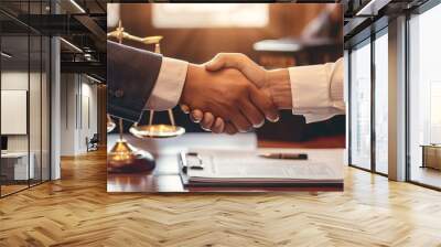 Attorney and client shaking hands in a law office, with scales of justice and legal emblem visible, symbolizing trust and legal order Wall mural