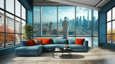 Arab man in white kandura overlooking Dubai City from modern office window Wall mural