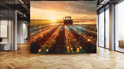 Futuristic Digital Data Overlay on Tractor Spraying Field at Golden Hour Wall mural