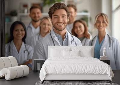 Happy male doctor with medical team smiling in hospital showcasing teamwork and dedication to healthcare Wall mural