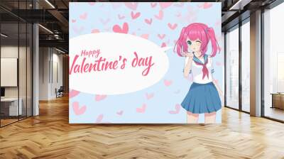 Anime manga schoolgirl in a sailor suit send air kisses.  Vector illustration. Valentine's day card Wall mural