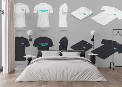 Black and white mockup t-shirts realistic vector illustration set. Casual clothes with brand design template 3d objects on grey background Wall mural