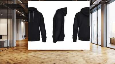 Black sportive hoodies with copy space realistic vector illustration set. Cozy clothing with design mockup 3d models on white background Wall mural