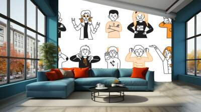 Children show various emotions with gestures vector icons set. Kids express different feelings with facial expressions on white background Wall mural