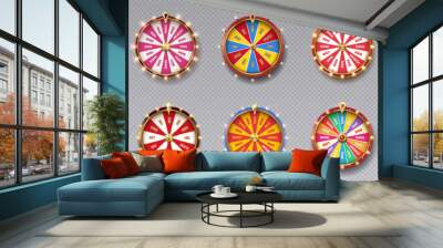 Fortune wheels colorful realistic vector illustration set. Luck win spin games. Casino roulettes 3d objects on transparent background Wall mural