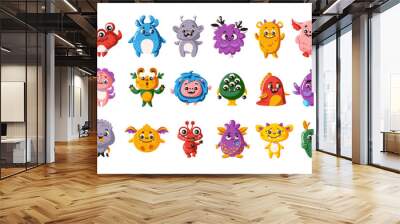 Funny alien monsters characters flat color vector icon set. Weird little creatures from another dimension illustration icon pack on white Wall mural