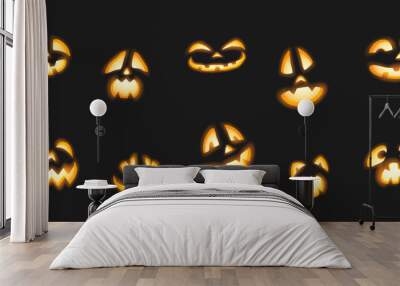 Glowing carved Halloween pumpkins faces realistic color icons set. Spooky ghosts facial expressions 3d objects illustration collection Wall mural