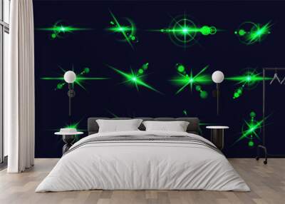 Glowing emerald stars flashes realistic vector illustration set. Explosion of light in space. Color spark bursts 3d elements on dark background Wall mural