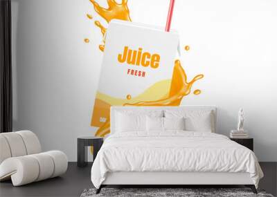 Juice box with straw in orange liquid whirl realistic vector illustration. Drinking organic beverage form carton pack 3d objects on white background Wall mural