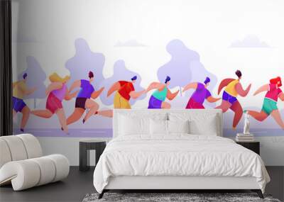 People in sportswear shorts and t-shirt are running marathon along road on an abstract forest Wall mural