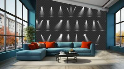 White stage backlight effects 3d realistic vector illustration set. Bright lamps glowing design. Stage spot beams on transparent background Wall mural