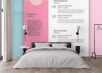  Feminine resume template with infographic design. Minimal CV template in pink color Wall mural