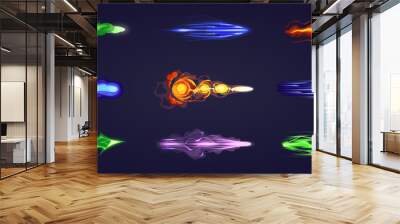 Vfx gun effect. Space weapon shot, blaster, laser, beam gun, plasma beams, lightning, smoke, raygun. Light visual effects. Colorful energy shot effects. 2D video game. Vector cartoon illustration. Wall mural