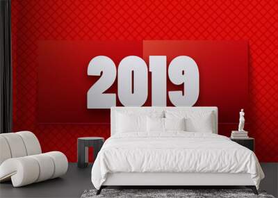 Happy New Year 2019 simple Text Design Patter on red background, Vector illustration. For card, banner, poster, etc. Wall mural