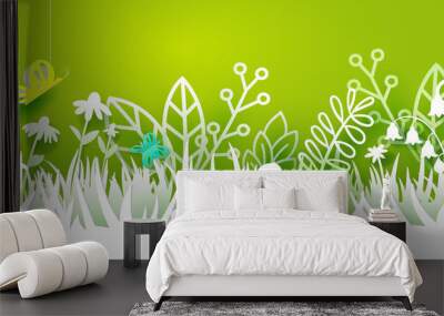 paper art cut out meadow with flowers on green background. grass, tulips and chamomiles, butterfly.  Wall mural