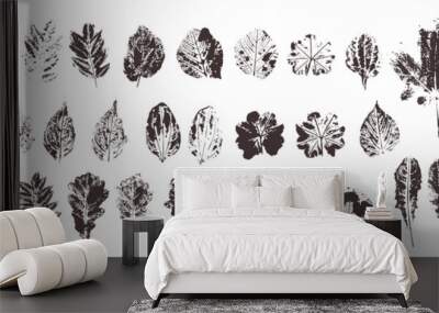 Set with hand made ink stamp leaves. Objects isolated on white. Black and white leaf blots. Monochrome artistic floral collection. Hi detailed texture of forest leaves Wall mural