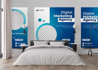 Digital marketing agency social media post template design. Modern square banner with gradient blue background color. Wall mural