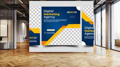 Digital marketing social media post template. Modern banner with blue background and abstract yellow shape. Usable for social media, flyers, and websites. Wall mural