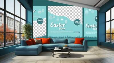 Easter social media post template. Modern banner design with egg illustration and place for the photo. Suitable for social media, flyers, cards. and website. Wall mural