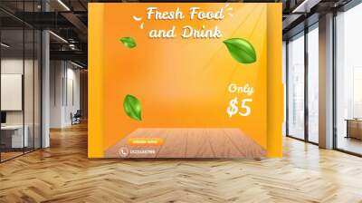 Editable square banner design. Orange background color with place product. Leaf and sunlight illustration. Suitable for social media feed, banner, and web ads. Flat design vector with a photo collage. Wall mural