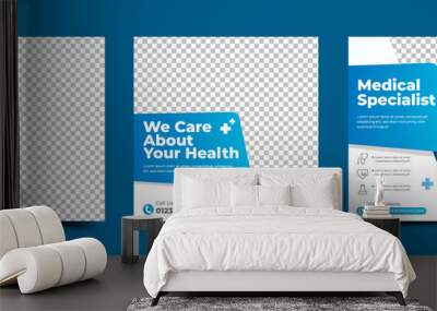 Medical and healthcare square banner template design. White background with blue shape. Suitable for social media post, and web ads. Wall mural