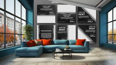 Set of Editable square banner template. Black background with carbon pattern illustration. Flat design vector with a photo collage. Usable for social media, banner, and web internet ads. Wall mural