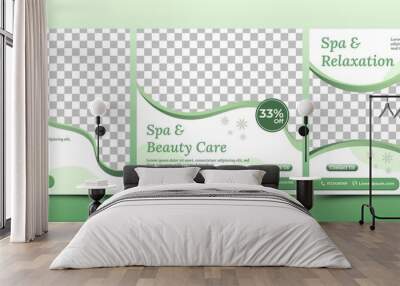 Social media template for spa and beauty. A green color scheme with flower decoration. Vector illustration with photo collage. Suitable for social media post, flyers, and web ads. Wall mural