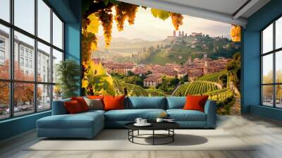 A beautiful sunset view over a lush Tuscan vineyard with grapevines, rolling hills, and an Italian village in the backdrop. Wall mural