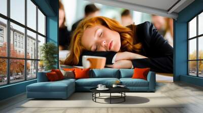 A businesswoman with red hair sleeping on her desk in an office environment, indicating fatigue and exhaustion from work. Wall mural