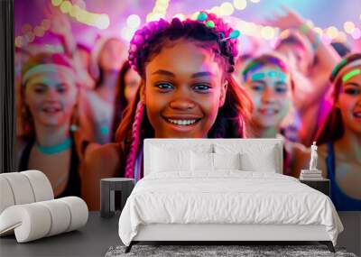 A group of young people enjoying a vibrant and colorful rave party with neon lights and joyful expressions. Wall mural