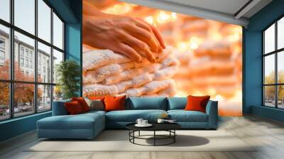 A stack of soft, white towels in a warm, relaxing spa environment with cozy orange lights and a hand gently touching. Wall mural