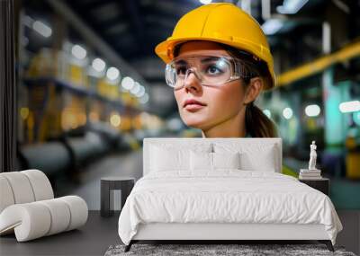 Confident female engineer with safety helmet and glasses standing in an industrial manufacturing plant. Wall mural