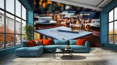 Elegant restaurant table setting with document and pen, highlighted by ambient evening bokeh lights. Wall mural