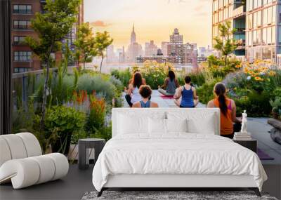 Group of people practicing yoga on a rooftop garden with a beautiful city skyline view during sunset. Wall mural