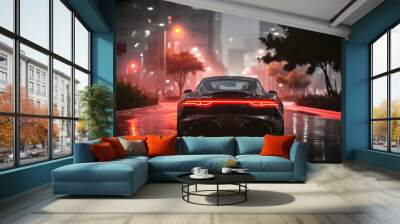 Luxurious sports car on a rainy city street at night with red tail lights and shimmering reflections on wet pavement. Wall mural