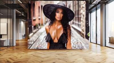 Portrait of a stylish woman in a black hat and dress, standing on a rainy street. The image showcases modern fashion and urban elegance. Wall mural