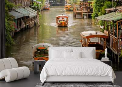 Scenic view of traditional boats on a bustling canal in a Bangkok floating market, with wooden houses and tourists enjoying the ride. Wall mural