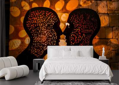 Silhouette of two people with patterned shadows creating an artistic and romantic conceptual image at night. Wall mural