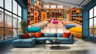 Vibrant modern interior with colorful furniture and tidy storage shelves in a spacious, trendy warehouse setting. Wall mural