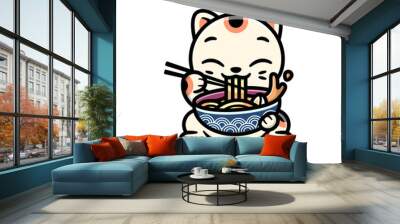 CUTE LUCKY CAT EATING A BOWL OF RAMEN CARTOON CHARACTER Wall mural