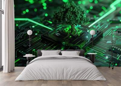 Green Technology: A Tree Growing on a Circuit Board Wall mural