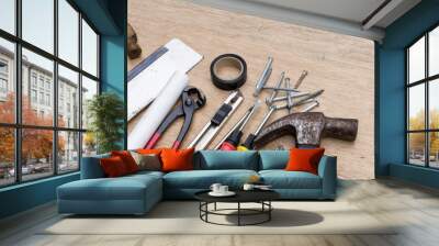 set of different tools for work on wood background Wall mural